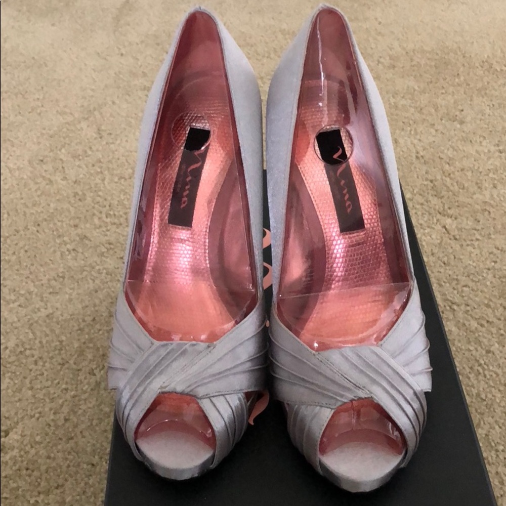 Nina Silver Satin Sandals Size 6